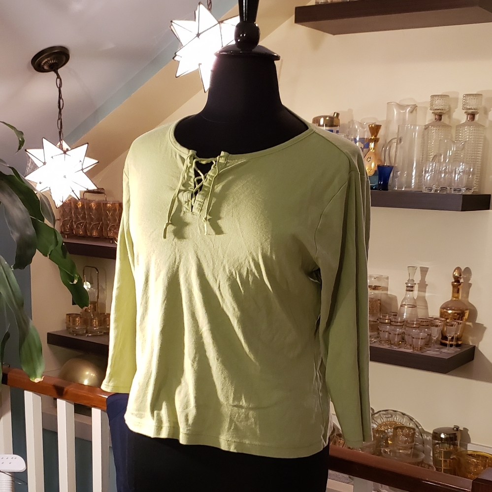 Liz Claiborne V Neck Womens Green Knit Top With Nautical Inspired Ties